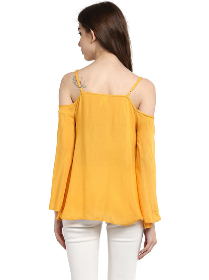 Women's  Mustard Yellow Rayon Cold Shoulder Top