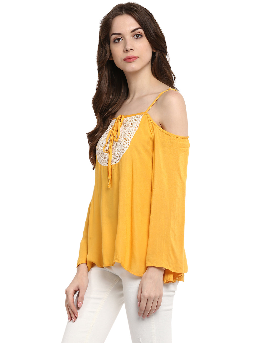 Women's  Mustard Yellow Rayon Cold Shoulder Top