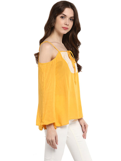 Women's  Mustard Yellow Rayon Cold Shoulder Top