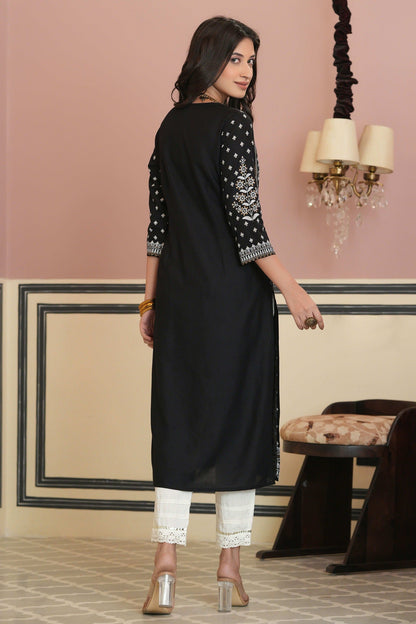 Women's  Black Rayon Plaement Printed Straight Kurta