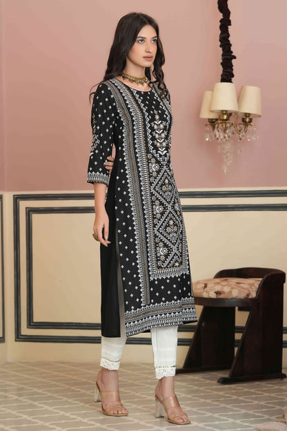 Women's  Black Rayon Plaement Printed Straight Kurta
