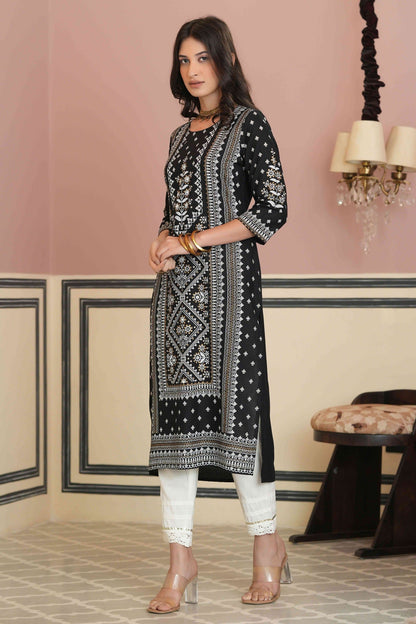 Women's  Black Rayon Plaement Printed Straight Kurta