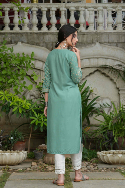 Women's  Sagegreen  Rayon Plaement Printed Straight Kurta