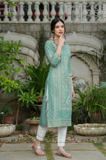 Women's  Sagegreen  Rayon Plaement Printed Straight Kurta