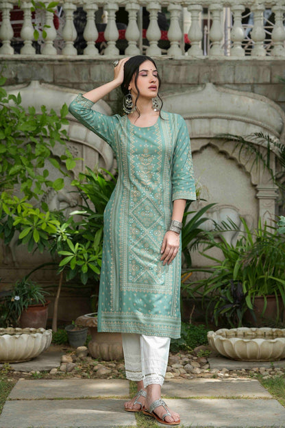 Women's  Sagegreen  Rayon Plaement Printed Straight Kurta