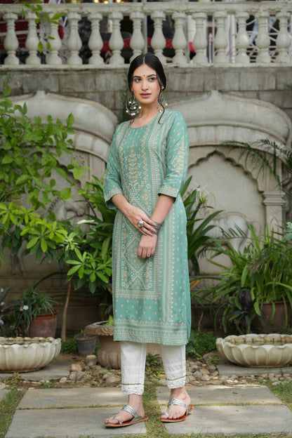 Women's  Sagegreen  Rayon Plaement Printed Straight Kurta