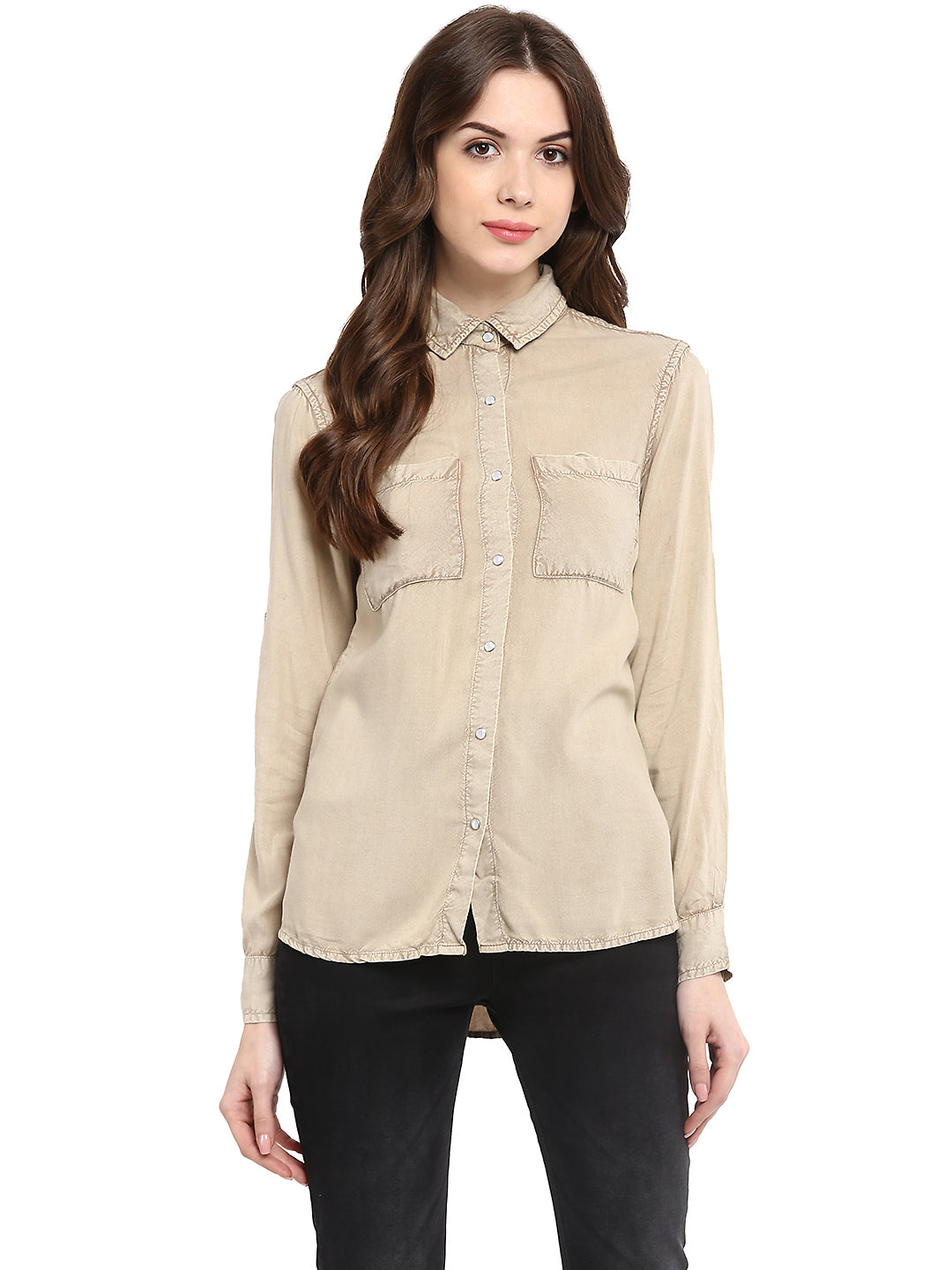 Women's  Beige Rayon Acid Wash Shirt