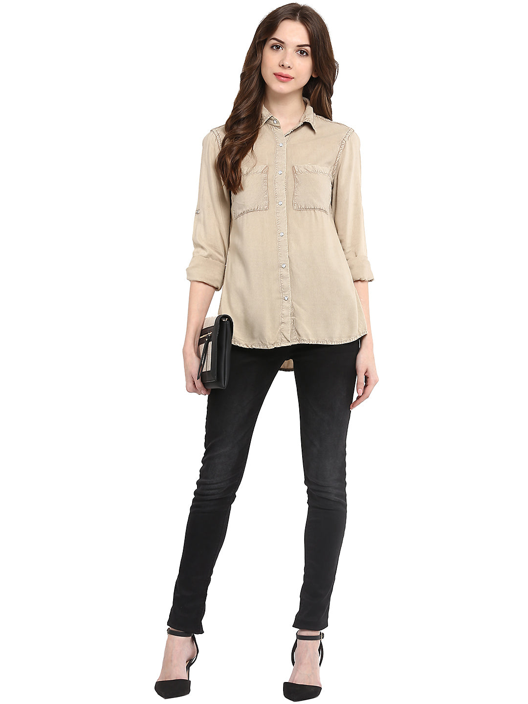 Women's  Beige Rayon Acid Wash Shirt