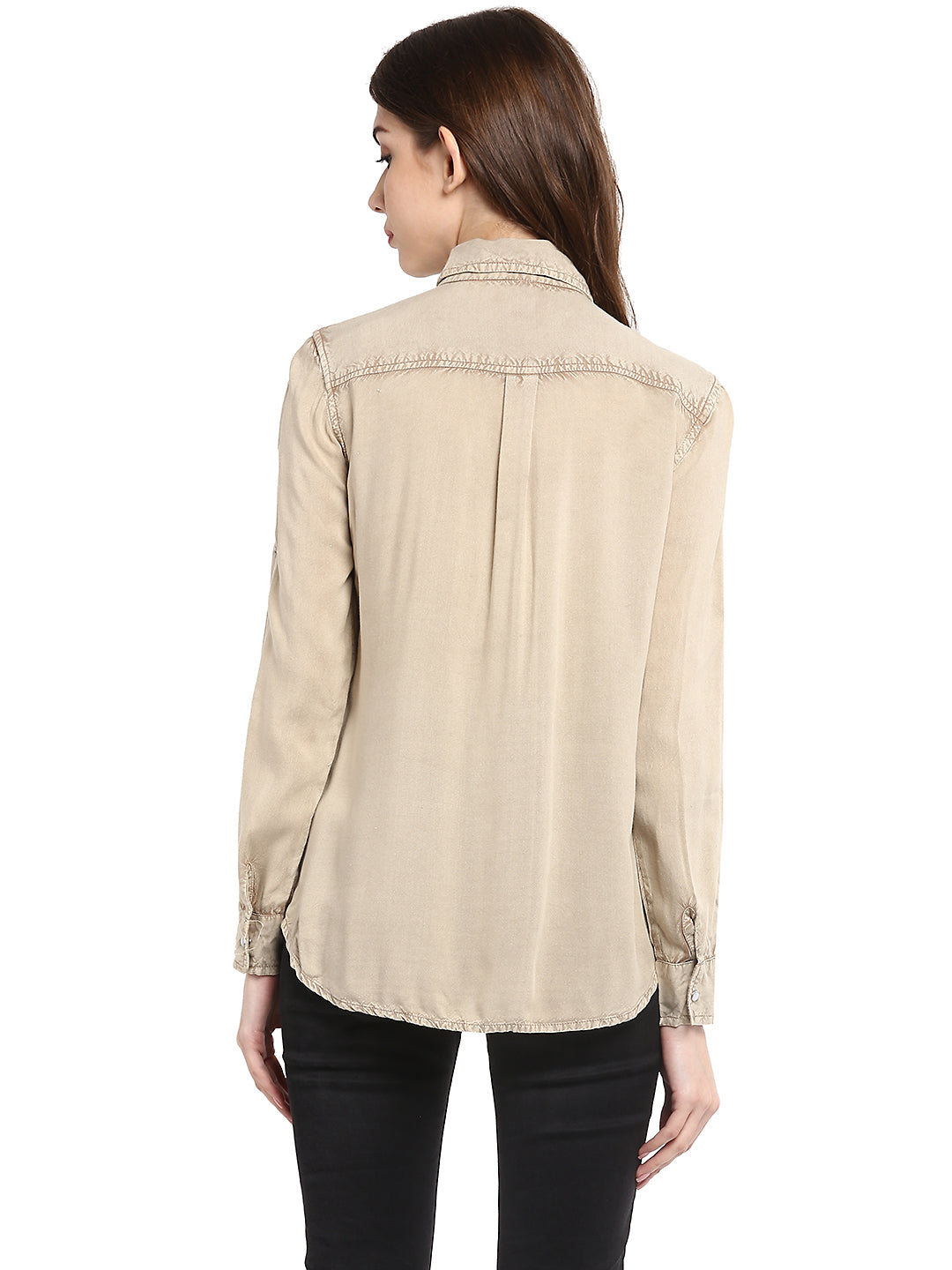 Women's  Beige Rayon Acid Wash Shirt