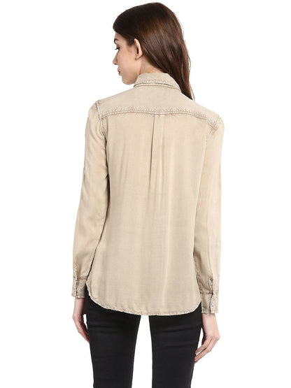 Women's  Beige Rayon Acid Wash Shirt