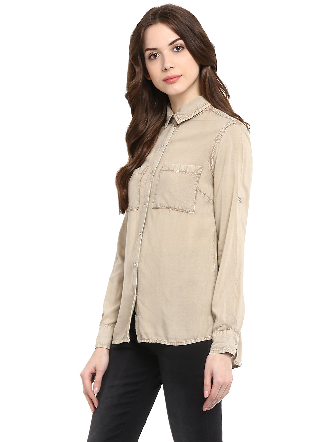 Women's  Beige Rayon Acid Wash Shirt