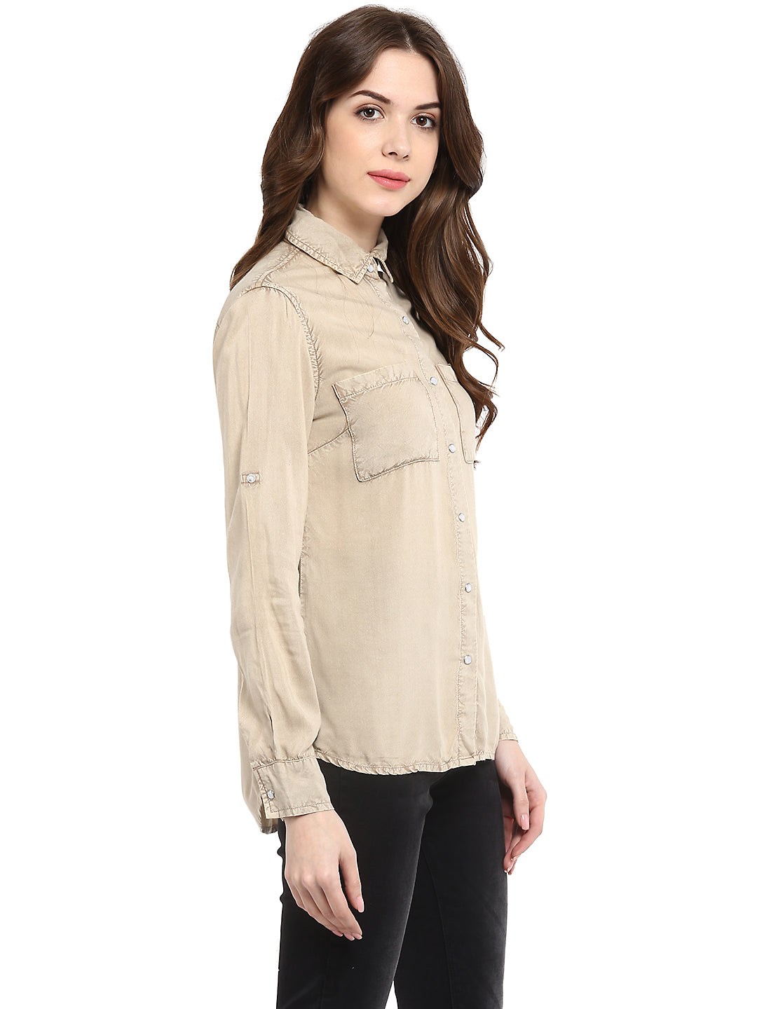 Women's  Beige Rayon Acid Wash Shirt