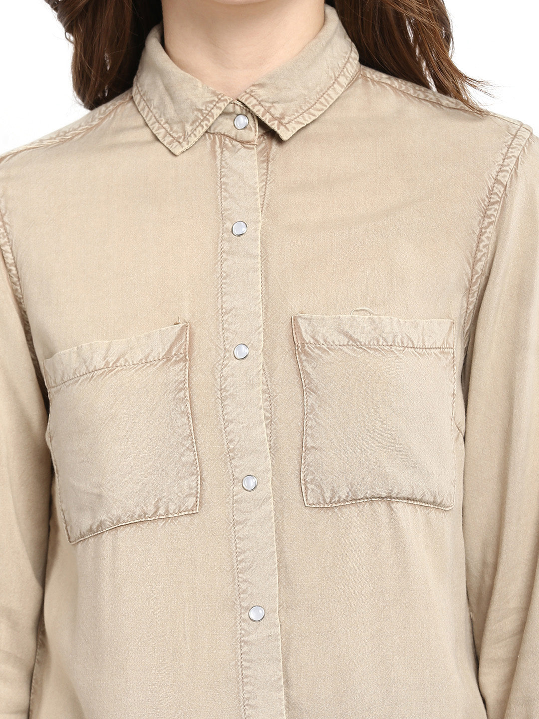 Women's  Beige Rayon Acid Wash Shirt
