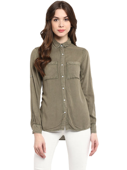 Women's  Olive Green Rayon Acid Wash Shirt