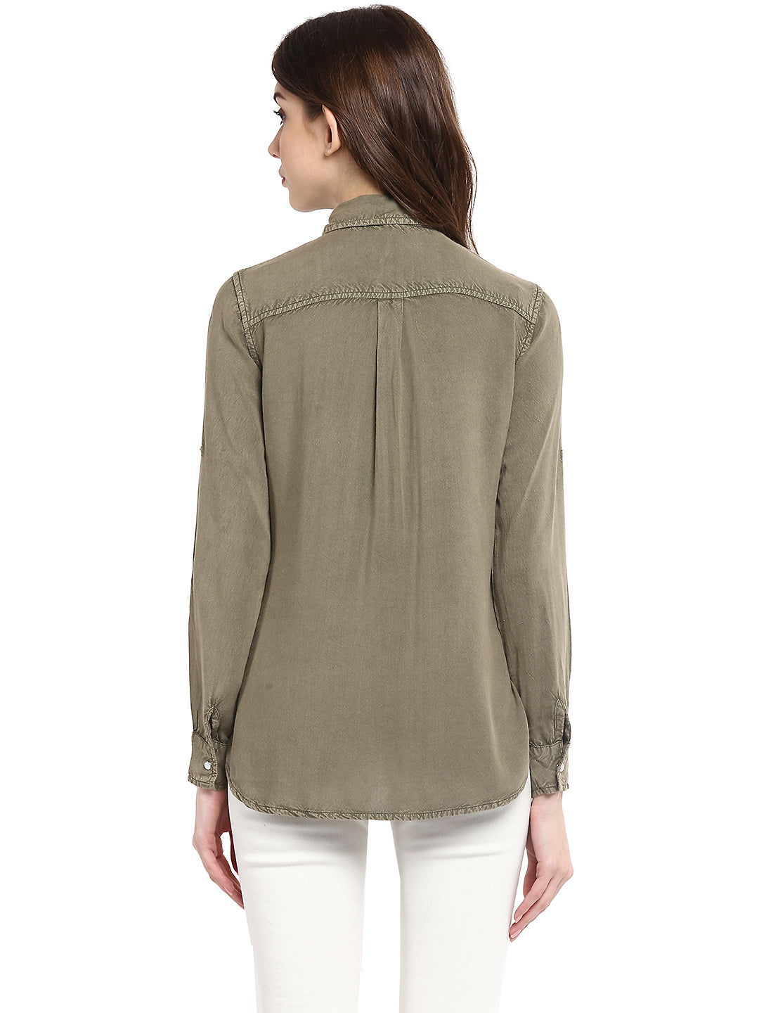 Women's  Olive Green Rayon Acid Wash Shirt