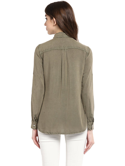 Women's  Olive Green Rayon Acid Wash Shirt