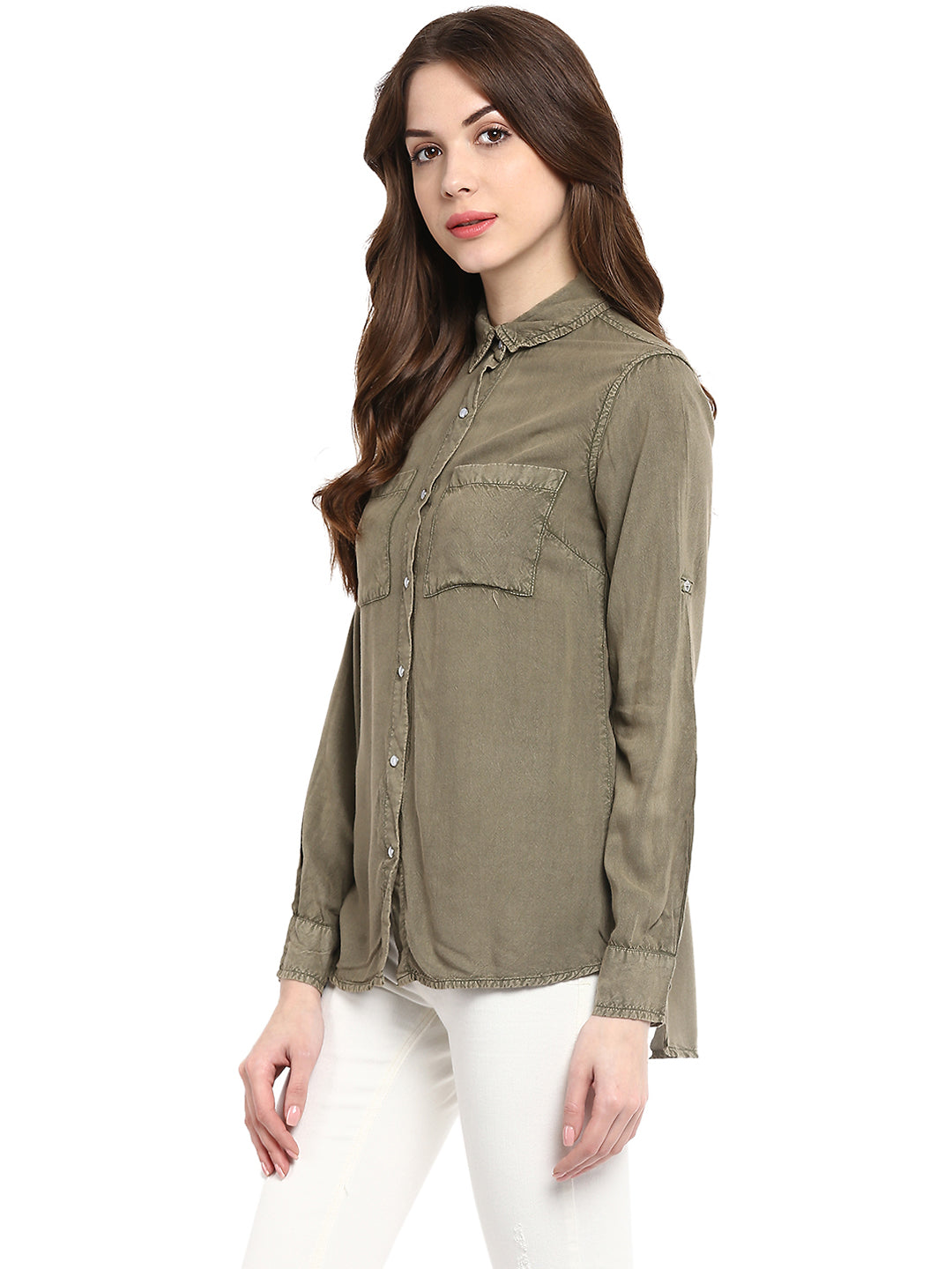 Women's  Olive Green Rayon Acid Wash Shirt
