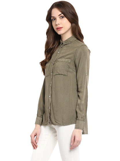 Women's  Olive Green Rayon Acid Wash Shirt