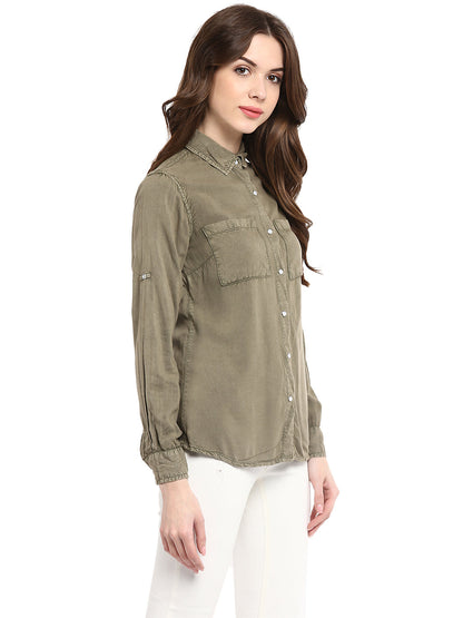 Women's  Olive Green Rayon Acid Wash Shirt