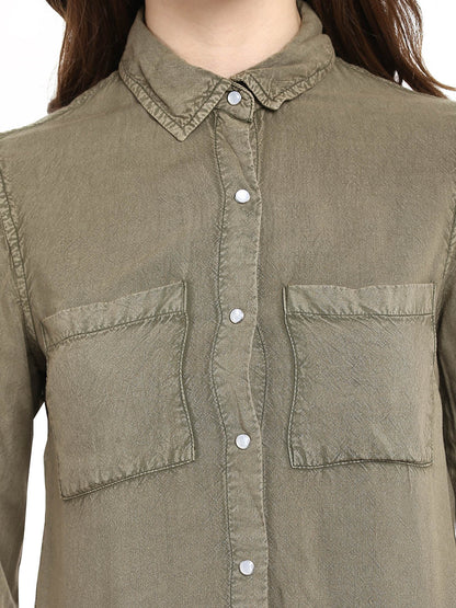 Women's  Olive Green Rayon Acid Wash Shirt