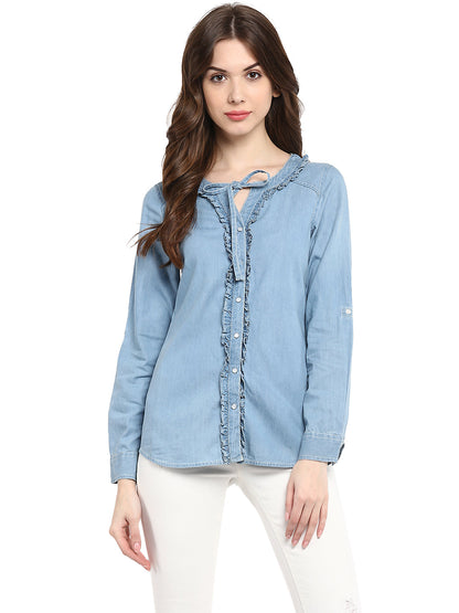 Women's  Denim Ruffle Top with Tie Up