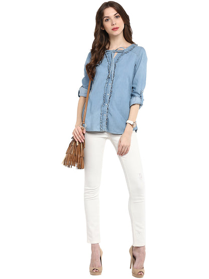 Women's  Denim Ruffle Top with Tie Up