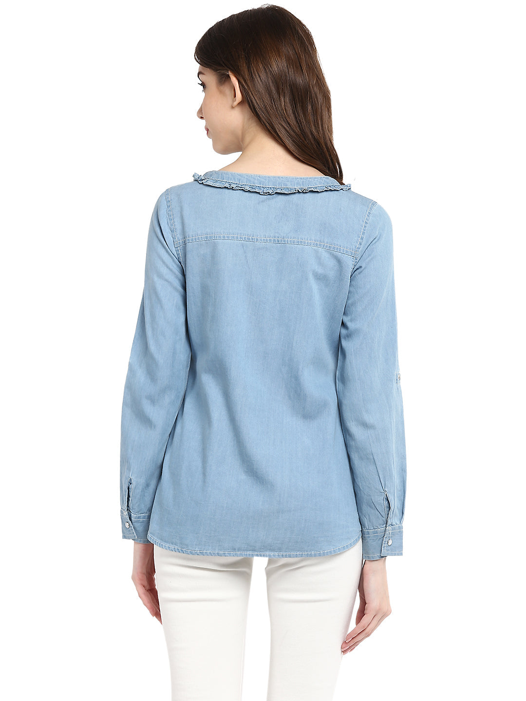 Women's  Denim Ruffle Top with Tie Up