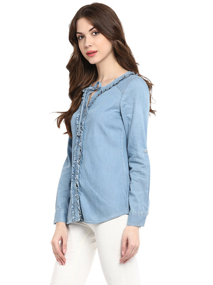 Women's  Denim Ruffle Top with Tie Up