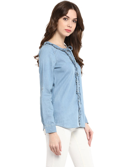 Women's  Denim Ruffle Top with Tie Up
