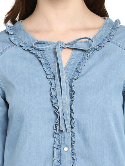 Women's  Denim Ruffle Top with Tie Up