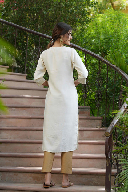 Women's  Cream Silk Embroidered Straight Kurta