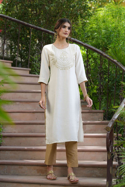 Women's  Cream Silk Embroidered Straight Kurta