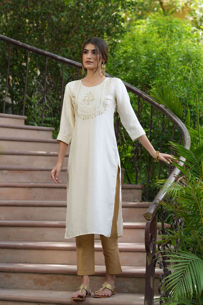 Women's  Cream Silk Embroidered Straight Kurta