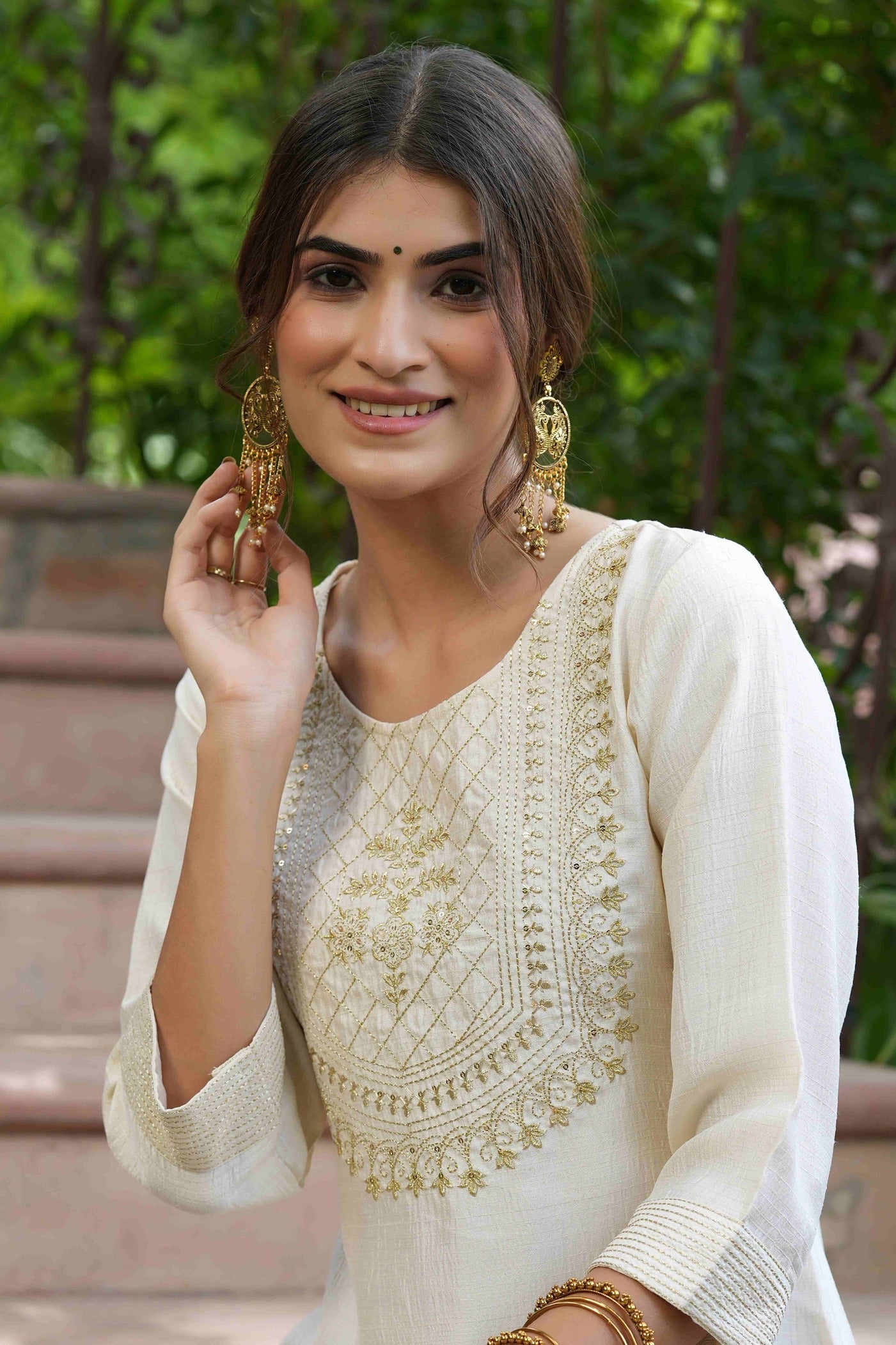 Women's  Cream Silk Embroidered Straight Kurta
