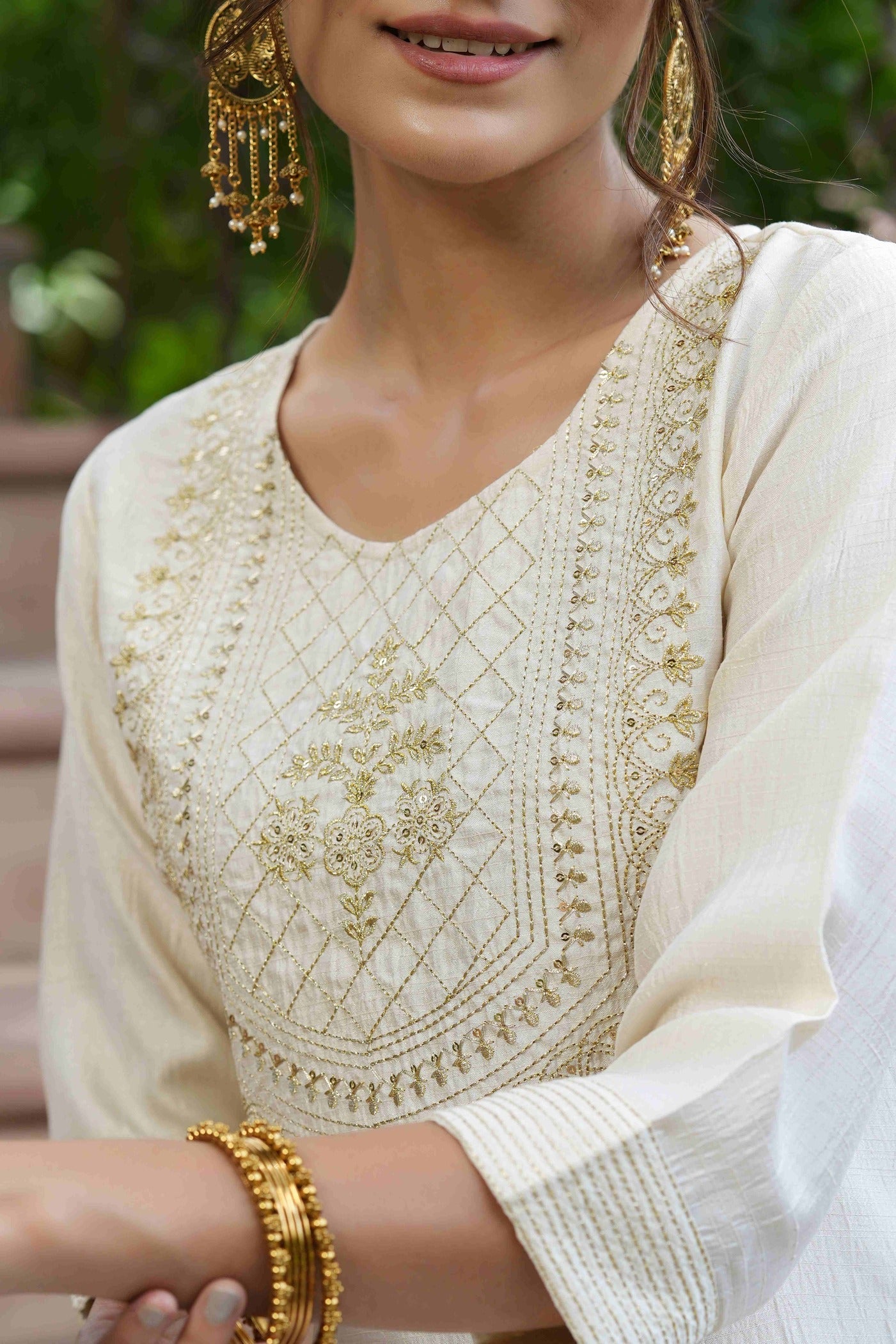 Women's  Cream Silk Embroidered Straight Kurta