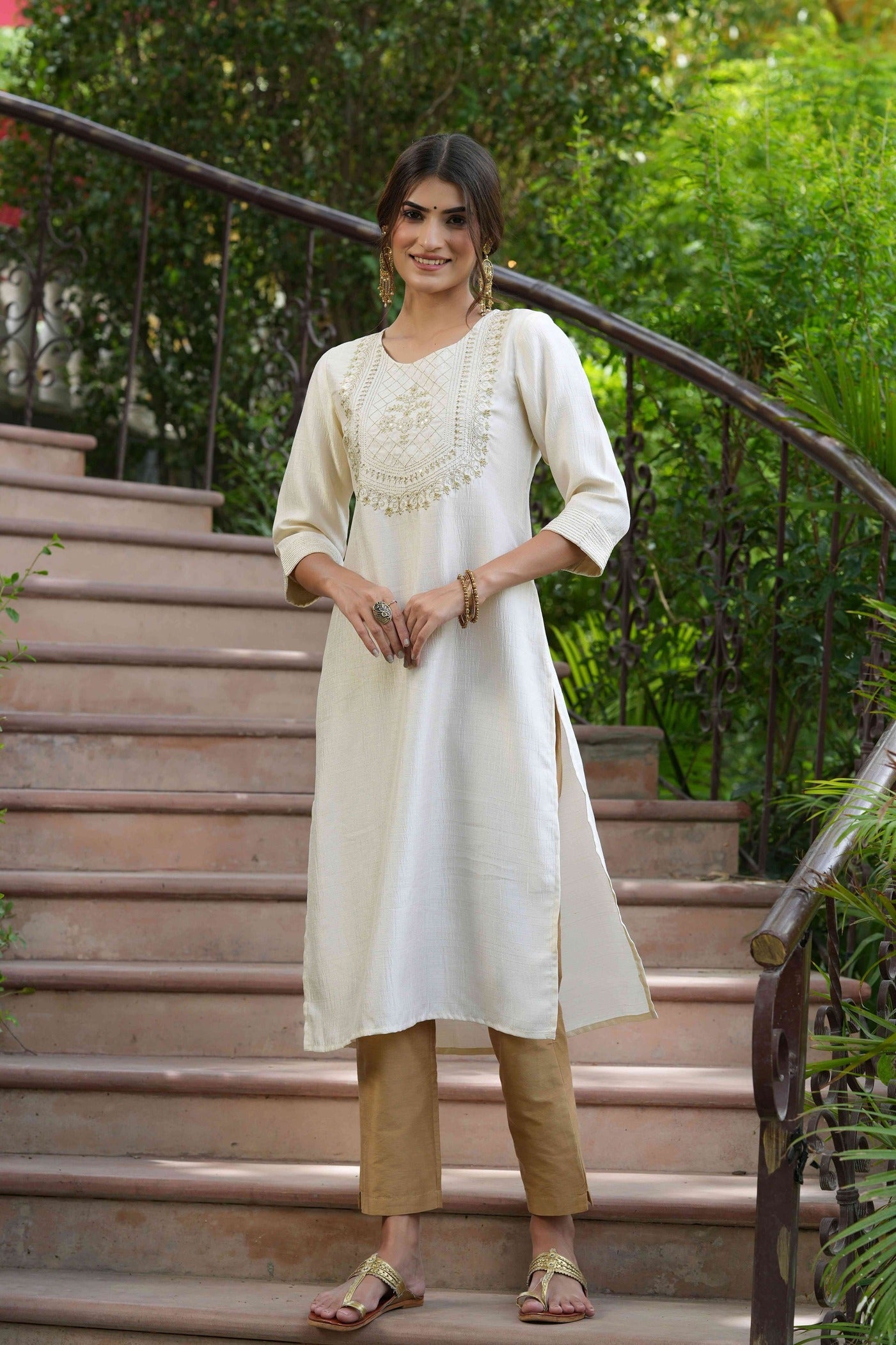 Women's  Cream Silk Embroidered Straight Kurta