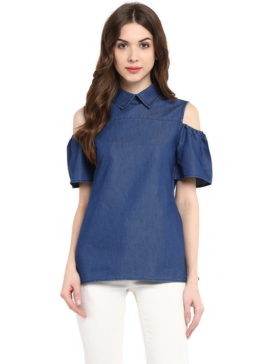 Women's  Denim Top with Cold Shoulder