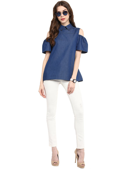 Women's  Denim Top with Cold Shoulder