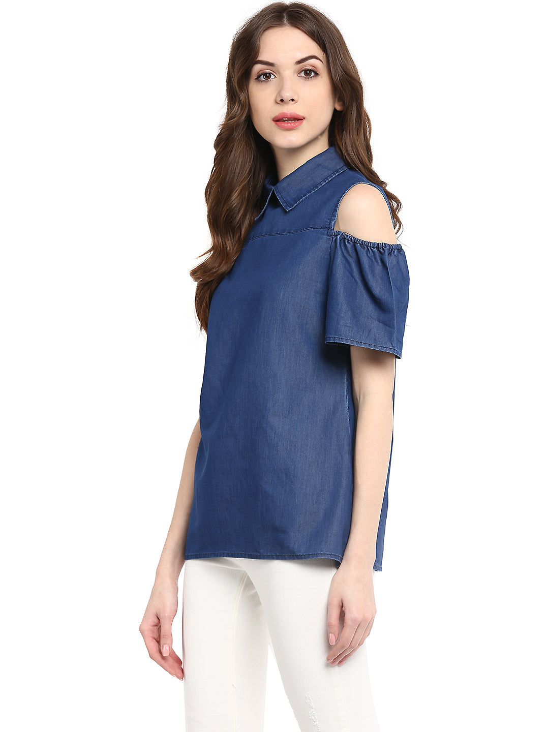 Women's  Denim Top with Cold Shoulder