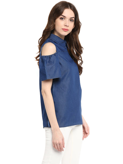 Women's  Denim Top with Cold Shoulder