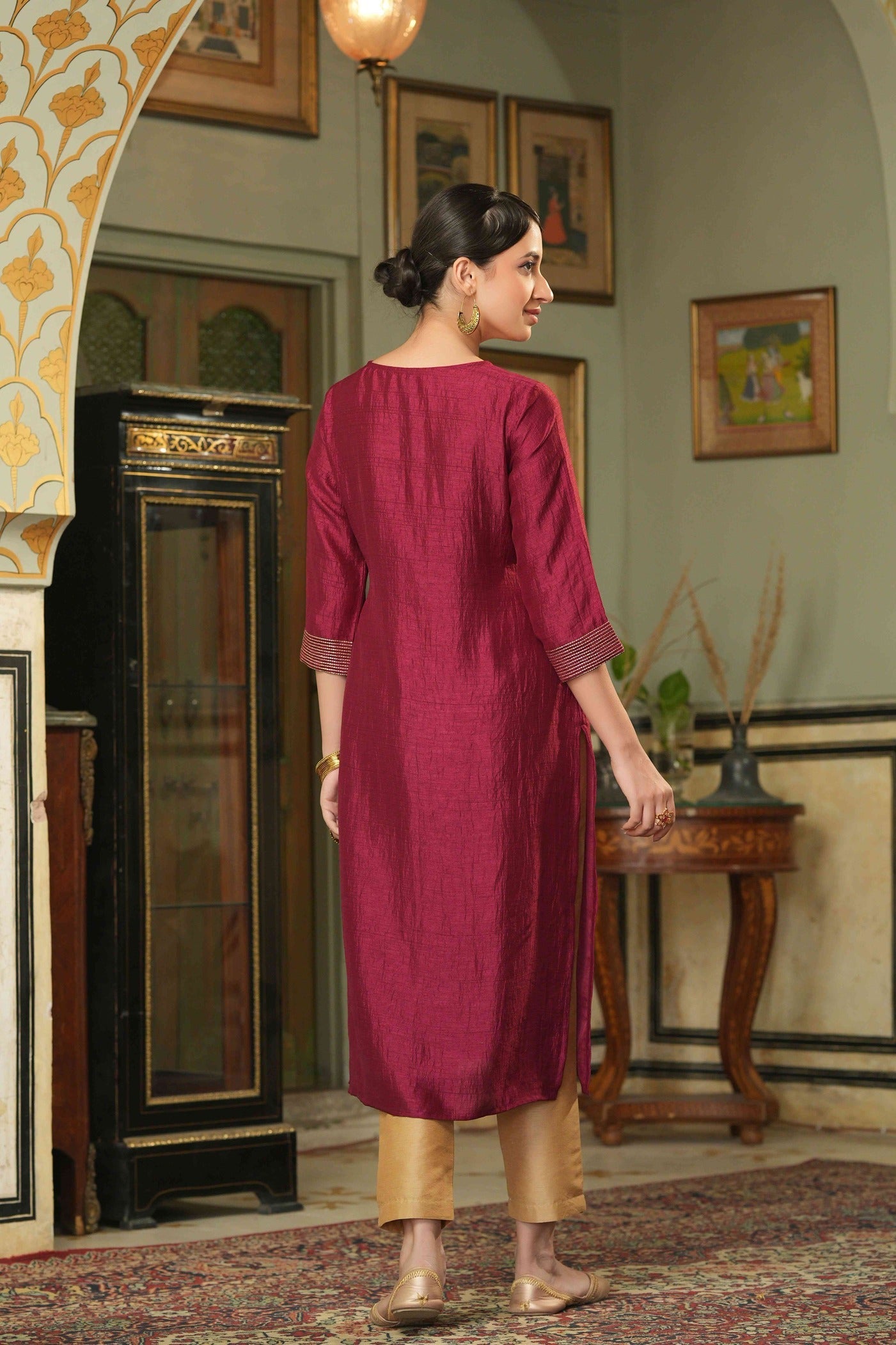 Women's  Maroon Silk Embroidered Straight Kurta