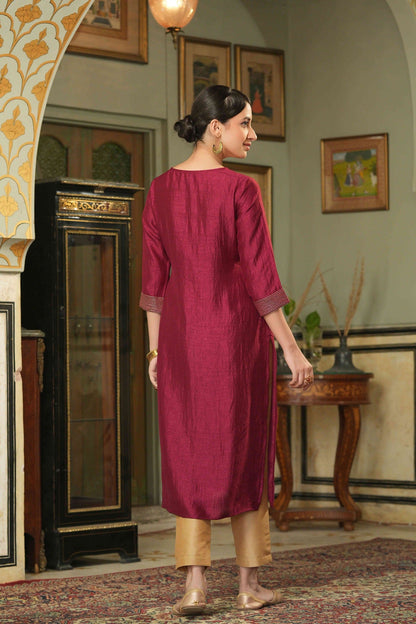 Women's  Maroon Silk Embroidered Straight Kurta
