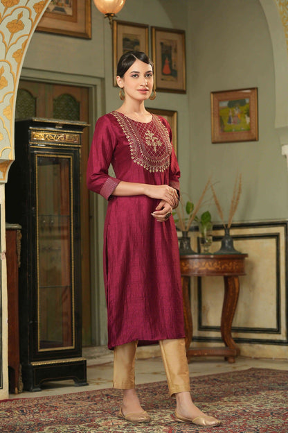 Women's  Maroon Silk Embroidered Straight Kurta