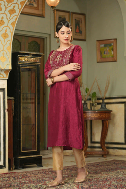 Women's  Maroon Silk Embroidered Straight Kurta