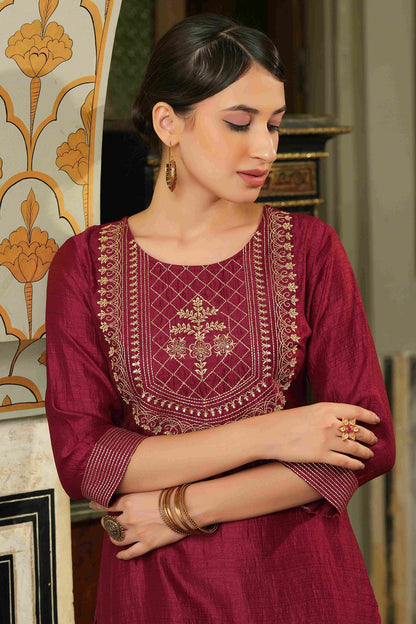 Women's  Maroon Silk Embroidered Straight Kurta