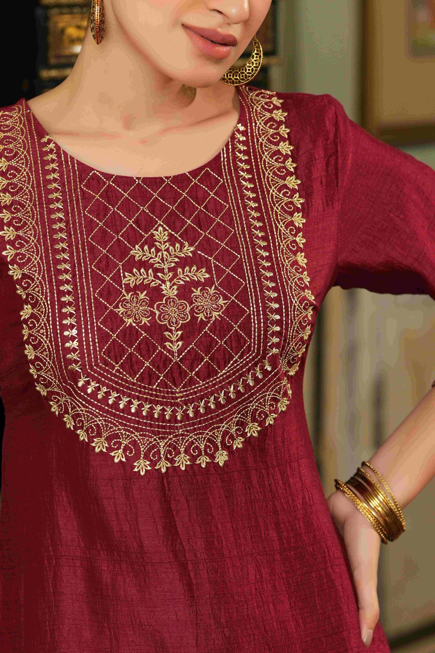 Women's  Maroon Silk Embroidered Straight Kurta