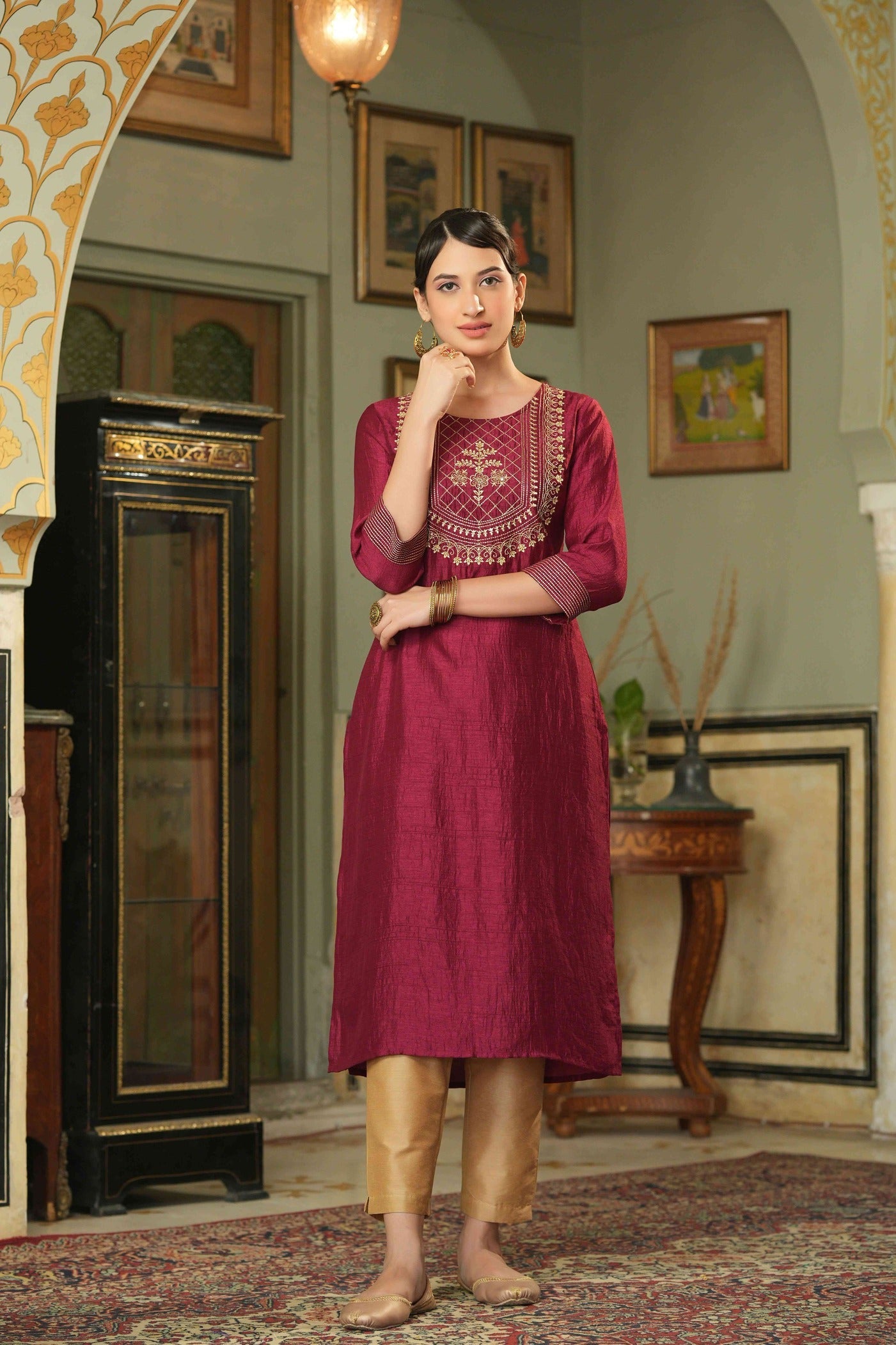 Women's  Maroon Silk Embroidered Straight Kurta