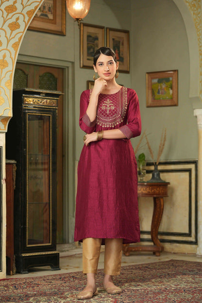Women's  Maroon Silk Embroidered Straight Kurta