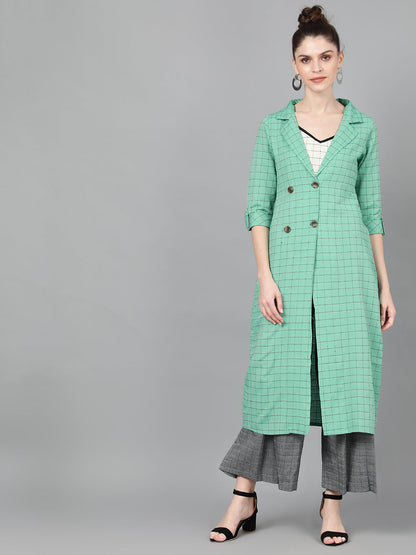 Women's Green Checked Long Jacket