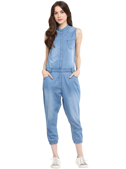 Women's  Denim Mandarin Collar Jumpsuit